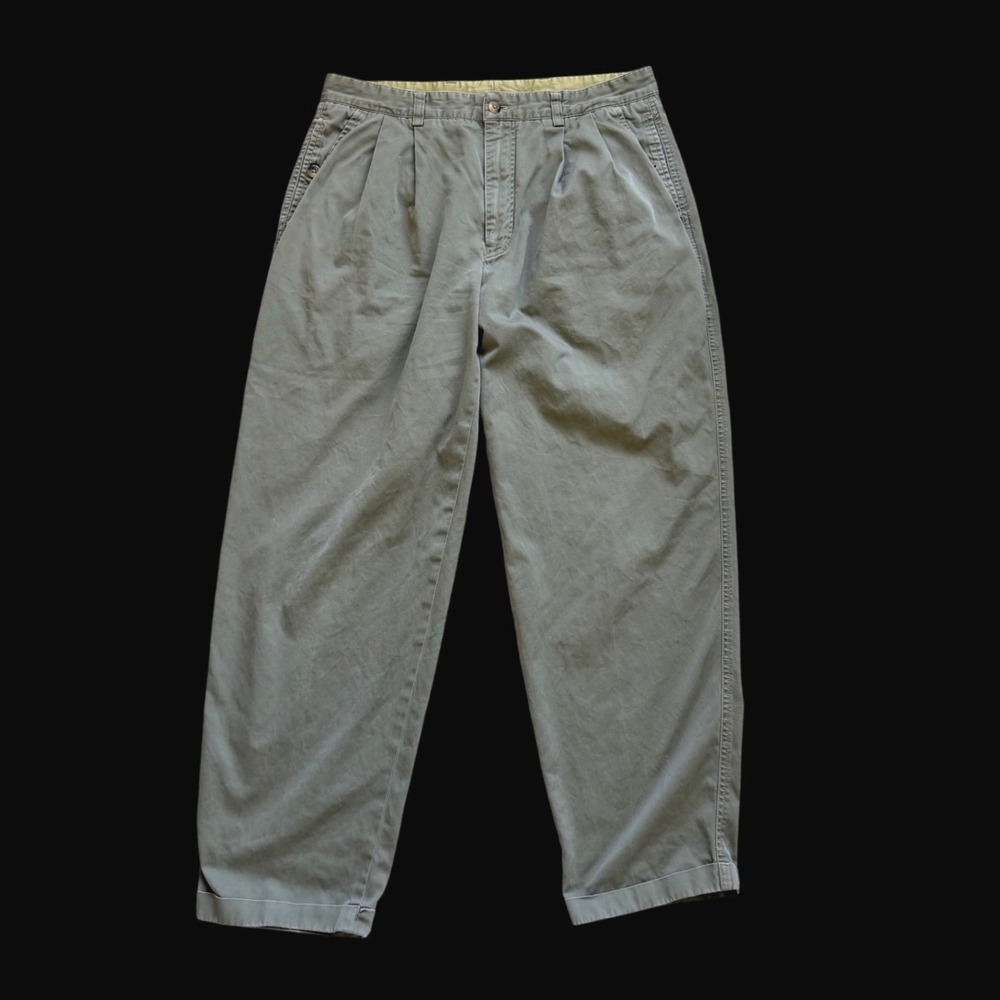 90's Nautica Pleated Chino Pants Olive Green Cotton Twill 34S Distressed